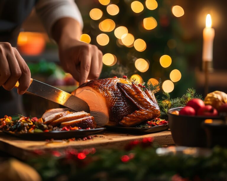 A festive scene featuring a person carving a roasted turkey, surrounded by holiday decorations and warm candlelight