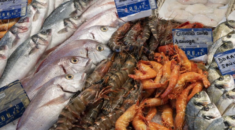 View of fish stall in the market of Sanary-sur-mer,